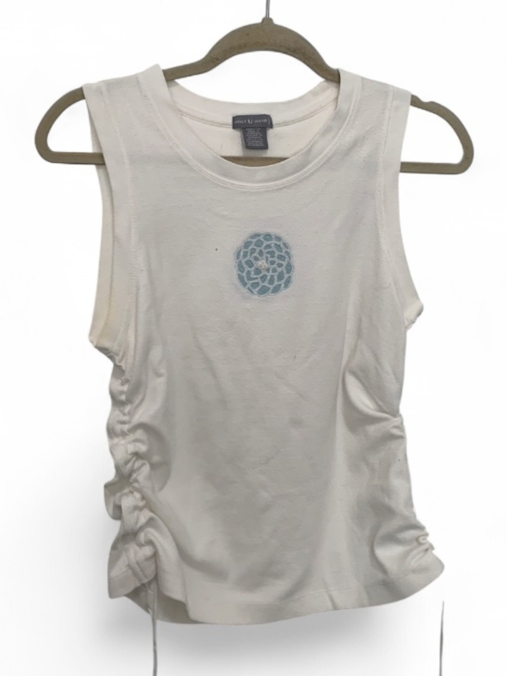 Y2K Sanct U Wear Ruched Sleeveless White Tank with Boho Blue Emblem